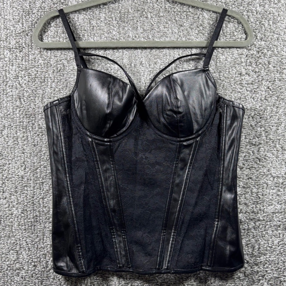 Charmian Corset Bustier Top Black Faux Leather Lace Caged Gothic Lingerie XXL